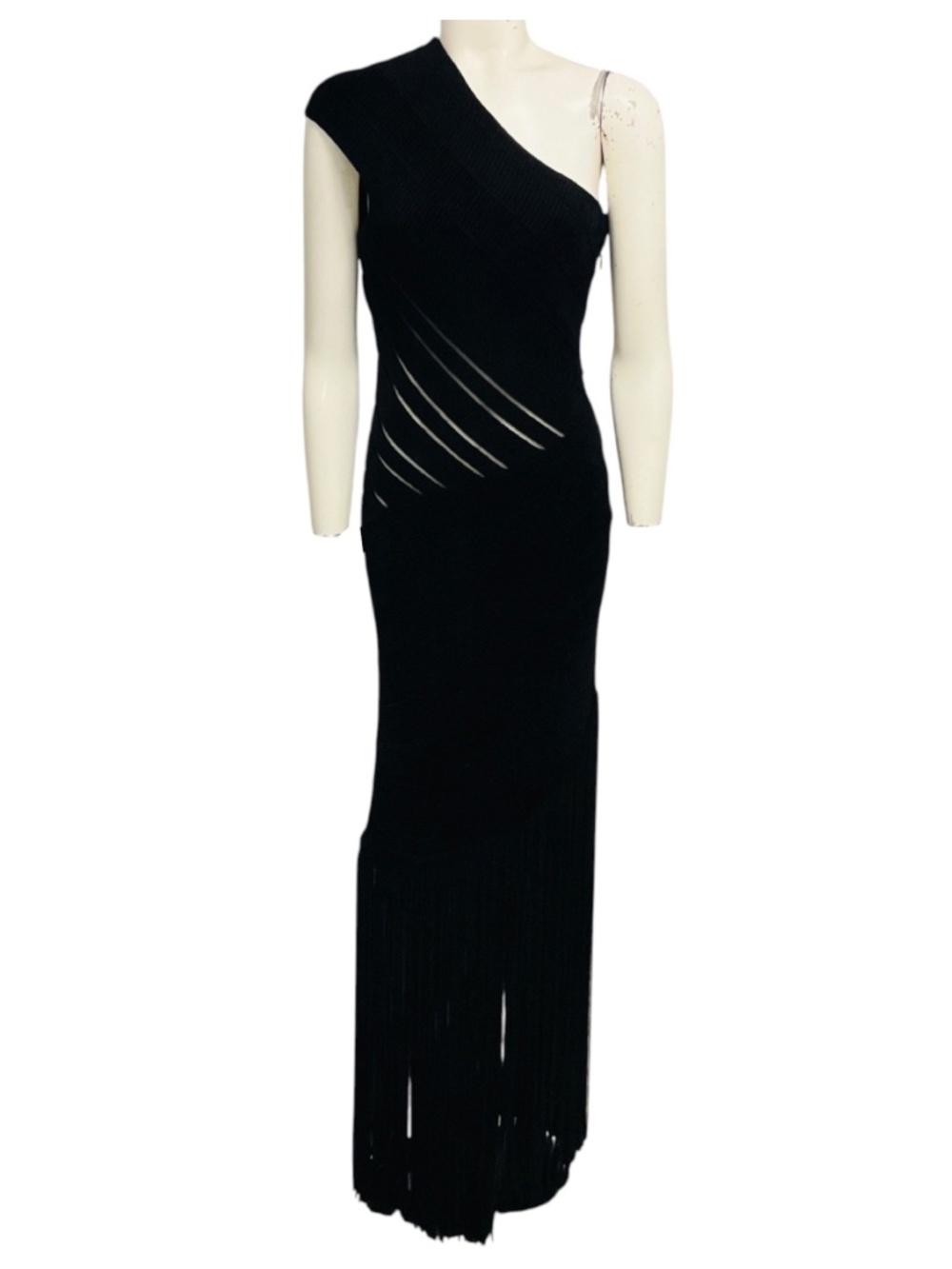 HERVE LEGER BLACK RIBBED CHENILLE KNIT ONE SHOULDER MAXI DRESS WITH FRINGED HEM